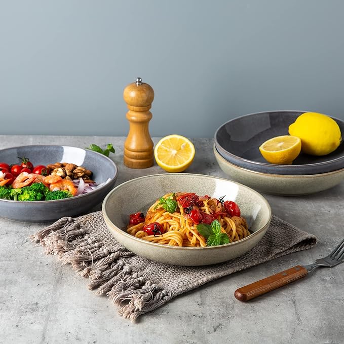 AmorArc 8.5'' Large Pasta Bowls, 36oz Stoneware Pasta Serving Bowls Set of 4 for Kitchen, Wide Bowls for Pasta,Salad,Fruit,Oatmeal, Microwave Safe, Reactive Glaze-Gray