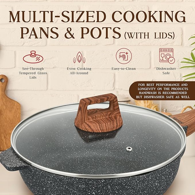 Bakken-Swiss 14-Piece Kitchen Cookware Set – Granite Non-Stick – Eco-Friendly – for All Stoves & Oven-Safe - Marble coatin