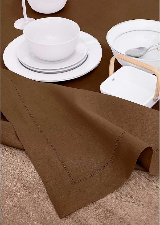 Solino Home Linen Tablecloth for Rectangle Tables 60 x 90 Inch - Classic Hemstitch 100% Pure Linen Brown Table Cloth - Machine Washable Cloth Tablecloth for Fall, Autumn