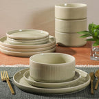Gibson Elite Solana Coast 12 Piece Stoneware Reactive Glaze (Service for 4) Ceramic Plates and Bowls Modern Shape Embossed Dinnerware Set - Green