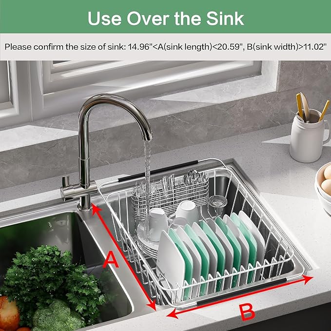 Large Sink Dish Drying Rack, Expandable 304 Stainless Steel Metal Dish Drainer Rack Organizer Shelves with Stainless Steel Utensil Holder Over Inside Sink, Rustproof