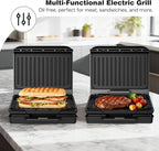 2-Serving Electric Grill and Panini Press, Tough Non-Stick Coating, Drip Tray Catches Grease, Black