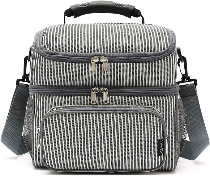 FlowFly Double Layer Cooler Insulated Lunch Bag Adult Lunch Box Large Tote Bag for Men, Women, With Adjustable Strap,Front Pocket and Dual Large Mesh Side Pockets