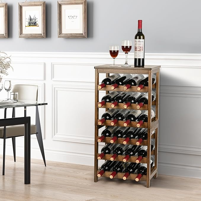 VASMIA Wine Rack Freestanding Floor, 6-Tier Display Wine Storage Shelves with Table Top, 24-Botttle Bamboo Wine Rack Shelf for Kitchen Bar Dining Room Living Room, Walnut