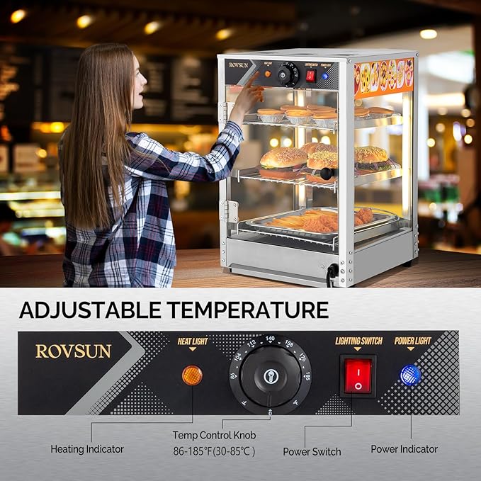 ROVSUN 3-Tier Food Warmer Pizza Warmer Countertop, Commerical Food Warmer Display with LED Lighting Removable Shelves Glass Door, Pretzel Warmer for Buffet Restaurant Cafe, 110V 800W
