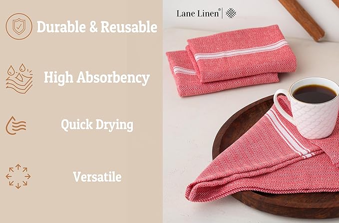 LANE LINEN Kitchen Towels Set - 100% Pure Cotton Dish Towels for Kitchen, Super Absorbent Kitchen Hand Towel, Tea Towels, Soft & Durable Dish Cloths, Pack of 6 – 14”x25”, Red