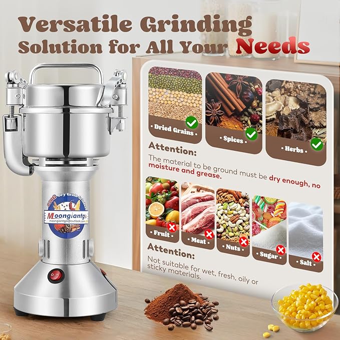 Moongiantgo 250g Safety Grain Mill Grinder 950W High-speed Electric Stainless Steel Dry Spice Grinder Pulverizer for Wheat Corn Rice Pepper Herbs Coffee Beans Dried Mushrooms, 110V