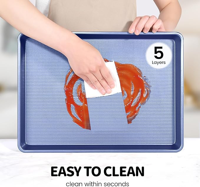 Vinino Baking Sheet Set of 3, Cookie Sheets For Baking with Square Texture Pattern, Thicker Carbon Steel Non-stick Baking Pan Half/Quarter/Jelly Roll Pans Tray for Oven-Blue