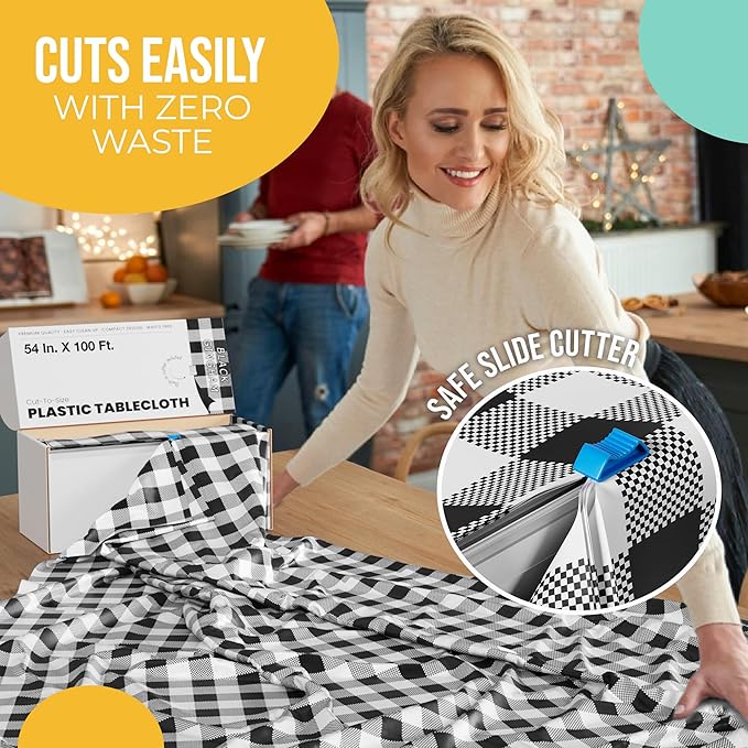 Exquisite Party Solids 54 Inch X 100 Feet Black Gingham Plastic Table Cover Roll in A Cut - to - Size Box with Convenient Slide Cutter. Cuts Up to 12 Rectangle 8 Feet Plastic Disposable Tablecloths