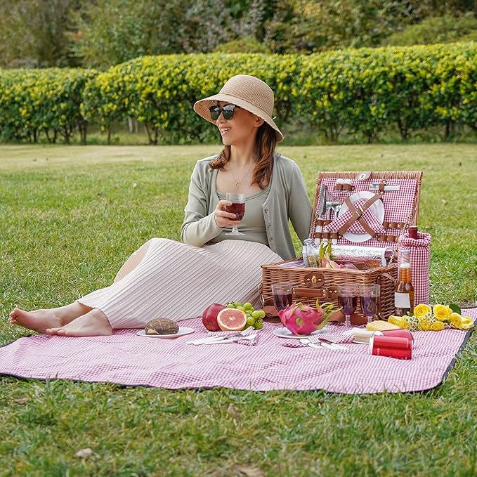 Picnic Basket for 4, Insulated Willow Picnic Baskets with Shoulder Strap, Picnic Hamper with Waterproof Picnic Blanket, Handmade Wicker Hamper for Outdoor, Great Gifts for Thanksgiving, Christmas