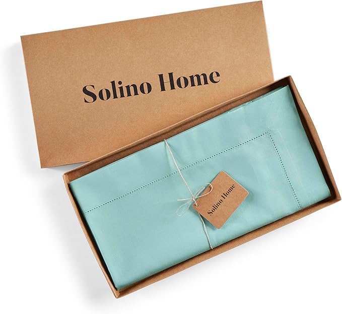 Solino Home Cotton Linen Table Runner 90 Inches Long - Hemstitch Pastel Turquoise Dining Table Runner 14 x 90 Inch for Summer