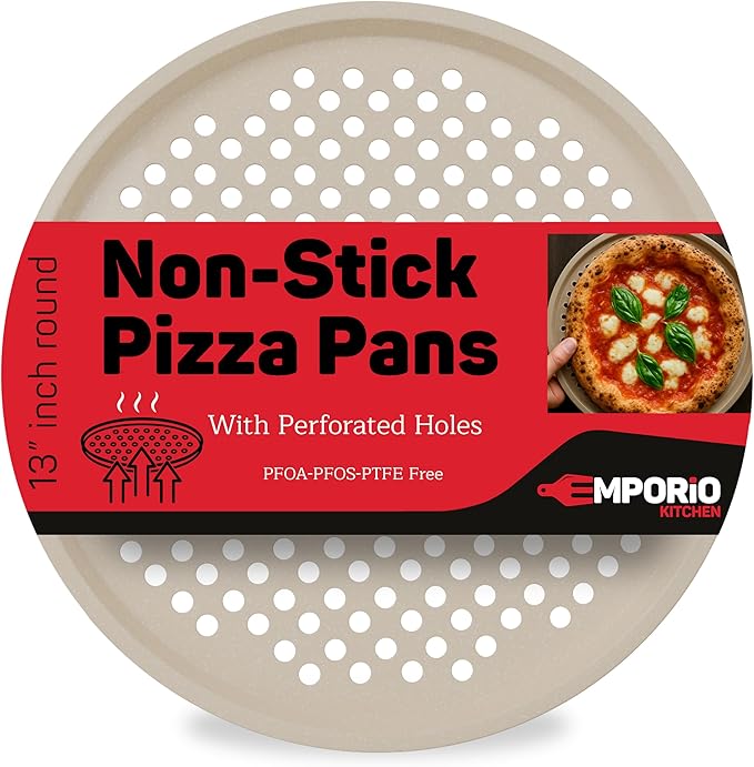 Non-Stick Pizza Pan 1 Pack, 13 Inch Round Carbon Steel Pizza Tray with Perforated Holes for Crispy Crust, PFOAPFOSPTFE Free, Dishwasher & Oven Safe Up To 450°F, Durable Nonstick White Marble Coating