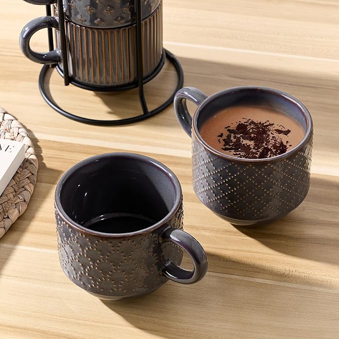 JIEMEI HOME Large Ceramic Coffee Mug Set of 4 with Stand, 15 Oz Stackable Embossment Ribbed Latte Cup Set for Cappuccino, Latte, Tea, Hot Cocoa, Drinks - Dishwasher & Microwave Safe, Dark Purple