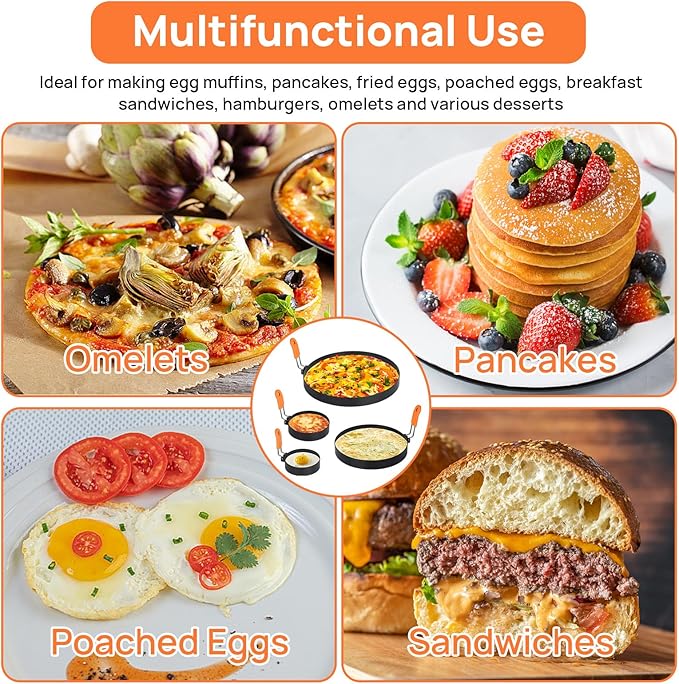 Egg Rings for Griddle Frying Eggs Upgraded 4 Packs, Pancake Shapers with Orange Silicone Handle Non-stick Egg Molds for cooking Breakfast Omelette Sandwiches (3", 3.5", 6", 8")