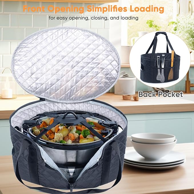 BAGSPRITE Slow Cooker Carrying Case Compatible with 6-8 Quart Crockpot Carrier for Hot Food and Hamlton Beach Slow Cooker Tote with Lid Fastener for Crock-pot Dust Cover Applicances
