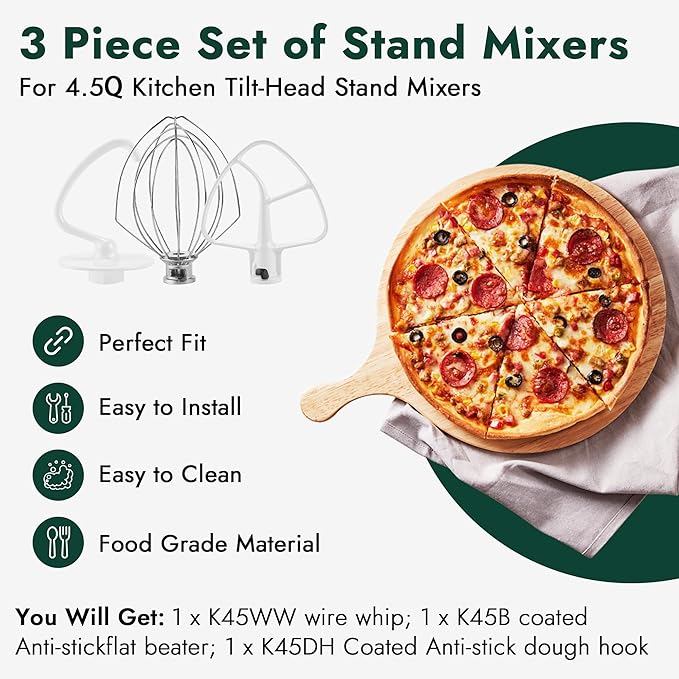 3 Pieces Stand Mixers Repair Set for Kitchen Tilt-Head Stand Mixers K45DH Dough Hook K45B Coated Flat Blade Paddle K45WW Wire Whip Compatible with kitchen aid Mixers Accessories by AMI PARTS