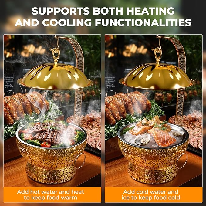 8QT Chafing Dishes Set, Luxury Stainless Steel Round Gold Buffet Warmers with Rolled Edge for Catering, Weddings, Parties, Hotels (2-Pack)