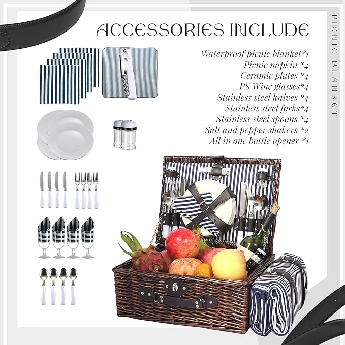 Picnic Basket Set for 4 with Waterproof Blanket Mat Insulation Bag Wicker Navy Blue Brown Stripe Vintage Retro Classic Gift for Wedding Birthday Summer Camp Outdoor Camping Travel Christmas