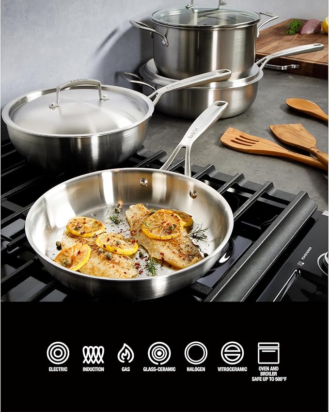 Babish 10-Piece Professional Tri-Ply Non-Toxic Pots and Pans Cookware Set – Durable, Even Heat Distribution for Cooking and Baking