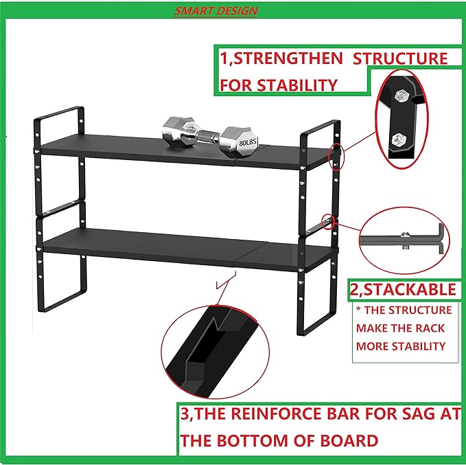 Expandable Stackable Spice Rack Cabinet Shelf Organizer in Cabinets Shelves Kitchen Cupboard Organization Stack up Racks Pantry Countertop Storage Medium/Black 2 Packs