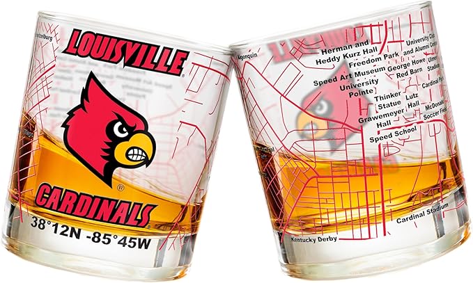 Greenline Goods – University of Louisville Cardinals College Whiskey Glasses (Set of 2), 10 oz – Full-Color Logo + Campus Map