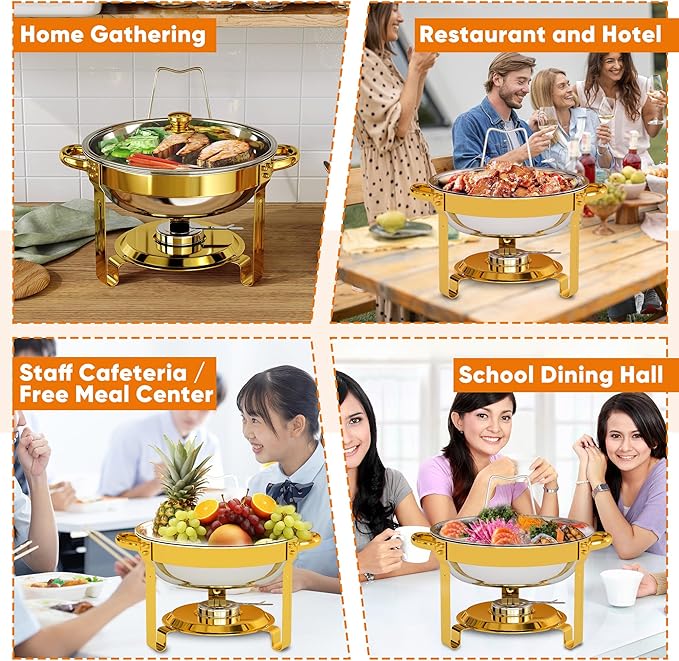 4 Pack Gold Round Chafing Dishes for Buffet, 5 QT Food Warmers and Cold Food Server for Parties, Events Hosting, Family Gatherings, Full Set Catering Supplies with Serving Utensils Accessories