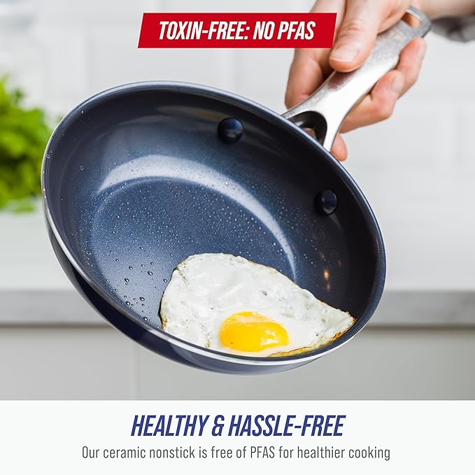 Blue Diamond 8 Inch Nonstick Frying Pan, PFAS Free Ceramic Egg and Omelette Pan, Diamond Infused Nonstick Skillet, Dishwasher & Oven Safe, Durable, Non Toxic, Metal Utensil Safe, Blue