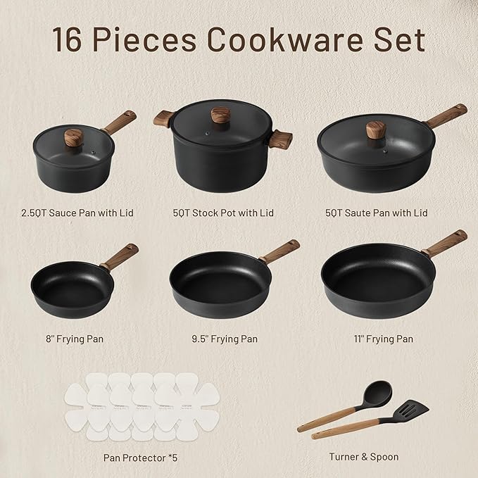 CAROTE Nonstick Pots and Pans, Induction Cookware Set 16pcs Kitchen Cooking Sets, Pot and Pan Non Stick w/Frying pan (PFOS, PFOA Free)