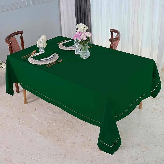D'Moksha Homes Forest Green Linen Tablecloth 60 x 108 Inch - 100% Pure Linen Green Table Cloth for Rectangle Tables - Classic Hemstitch, Machine Washable Tablecloth for Summer, Fall and Halloween