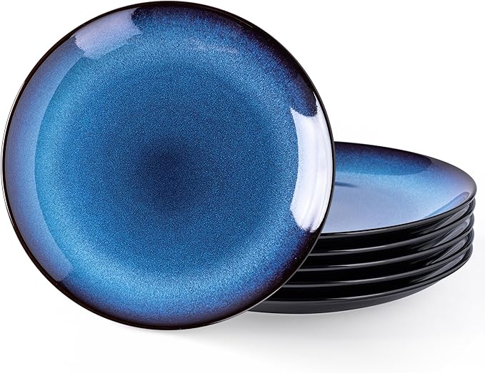 LERATIO Ceramic Dinner Plates Set of 6, 10.5 Inch Handmade Reactive Glaze Porcelain Plates, Coupe Shape Dinnerware Dishes Set for Kitchen,Oven& Microwave & Dishwasher Safe, Scratch Resistant-Blue