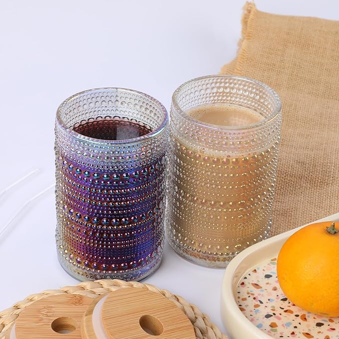 Vintage Drinking Glasses Set of 4 with Bamboo Lids, Textured Clear Striped Ribbed Glassware Set Cocktail Set Beaded Glass Cups Old Fashion Embossed Iced Coffee Cup for Beer, Beverage(16 oz), Rainbow