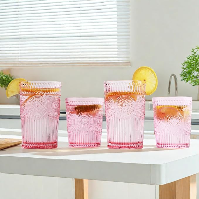 12pcs Vintage Drinking Glasses Set, 12 oz Highball Glasses & 9 oz Embossed Ribbed Glassware Cups for Cocktail, Water, Juice, Coffee, Whiskey (Pink)