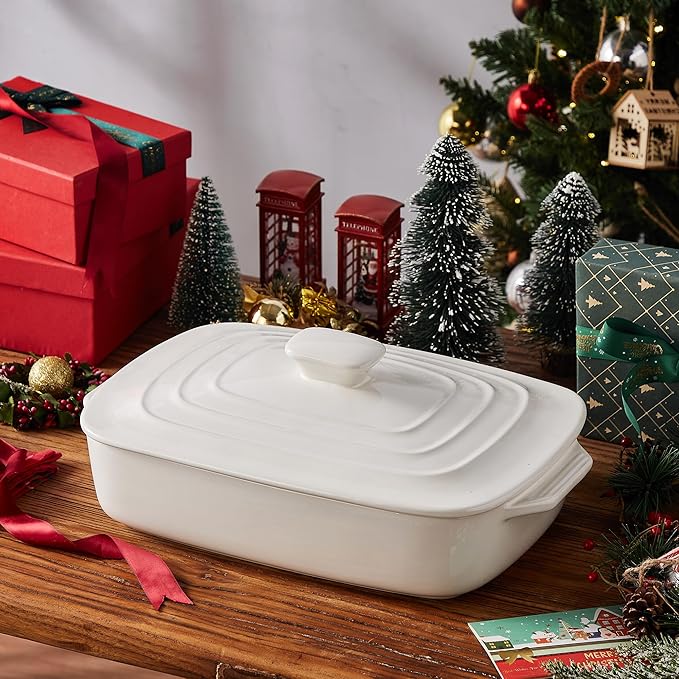 Large Ceramic Casserole Dish with Lid, 4.0 Quart Covered Rectangular Stoneware Baking Dishes for Oven, Deep 9x13 Inch Lasagna Pans for Baking and Serving, Perfect for Christmas Gifts, White