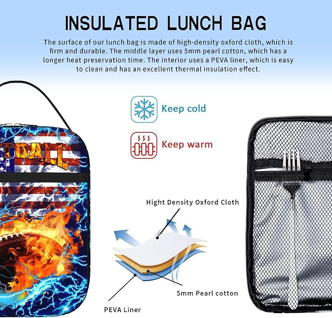 American Football Lunch Bag for Boys Insulated Reusable Football Lunch Box Portable Waterproof Leakproof Footballs Lunch Tote Bag Boy Lunch Box for School Picnic Travel Back to School Gifts