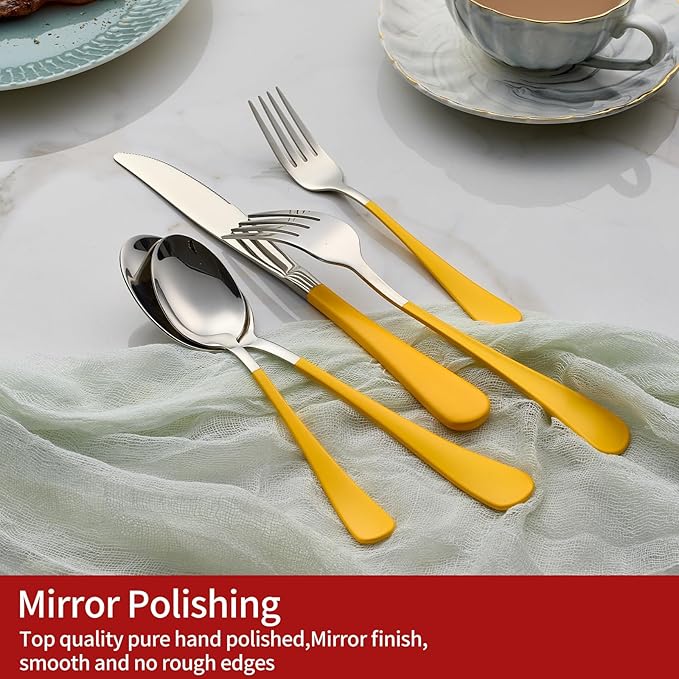 20-Piece Yellow Silverware Set 18/0 Stainless Steel Flatware Yellow Handle Cutlery Set Service for 4 Dinner Knives Forks Spoons Set Mirror Finish Dishwasher Safe