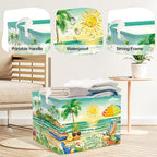 Summer Tropical Beach Storage Basket Collapsible Clothes Kid Laundry Hamper Palm Tree Large Picnic Basket Boy Girl Book Toy Box Bin, Green, 36L