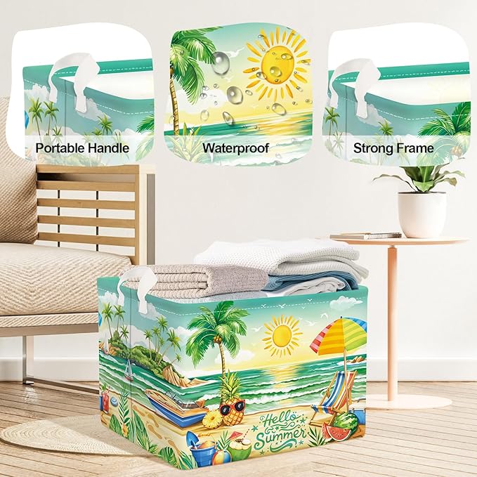 Summer Tropical Beach Storage Basket Collapsible Clothes Kid Laundry Hamper Palm Tree Large Picnic Basket Boy Girl Book Toy Box Bin, Green, 36L