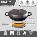 Shallow Cast Iron Casserole with Lid – Non Stick Dutch Oven Pot, Oven Safe up to 500° F – Sturdy Ovenproof Stockpot Cookware – Enamelled Cooking Pot – Black, 5-Quart, 32cm – by Nuovva