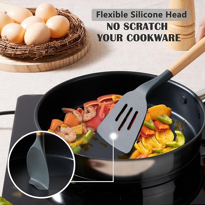 E-far Silicone Cooking Utensils Set, 5-Piece Kitchen Utensils Set with Wooden Handle for Cooking, Silicone Kitchen Nonstick Tools Spatula Turner Slotted Spoons, Nontoxic & Heat Resistant-Gray
