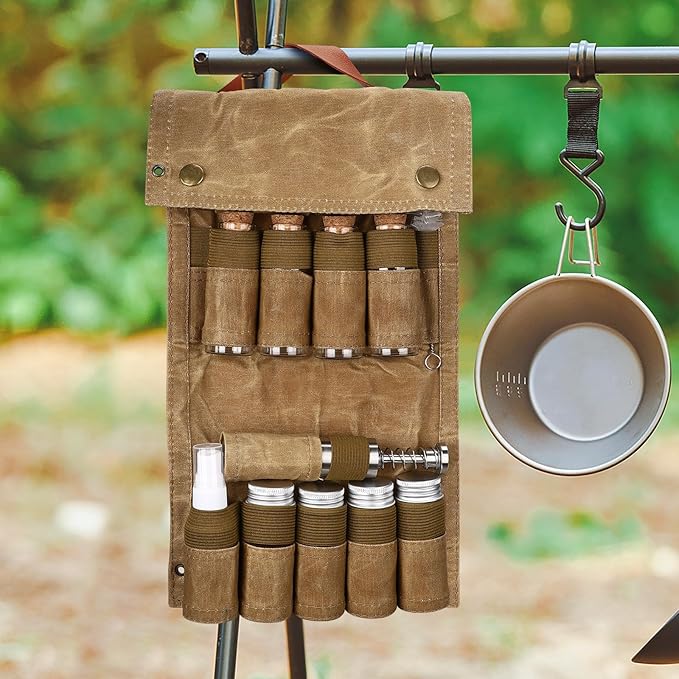 TOBWOLF Camping Spice Kit with 9 Jars, 2 Salt/Pepper Grinders, Portable Spice Bag, Foldable Canvas Seasoning Storage Bag Organizer, Mini Condiment Container Set for Outdoor Camping Picnic BBQ - Khaki