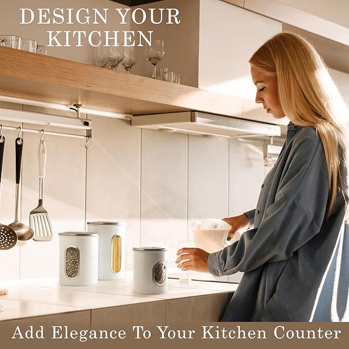 Mixpresso 3-Piece White Canisters Sets For The Kitchen, Airtight Canister Set With See Through Window, Storage Jars for Coffee Container, Tea Organizer & Sugar Canister, White Kitchen Canisters