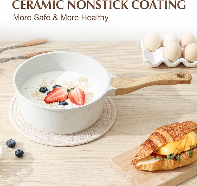 SENSARTE White Ceramic Nonstick Saucepan with Lid Set, Small Cooking Pot with Stay Cool Handle, Induction Compatible Saucepot, White Granite Coating, PFOA/PFAS Free, 1.5 + 2.5QT