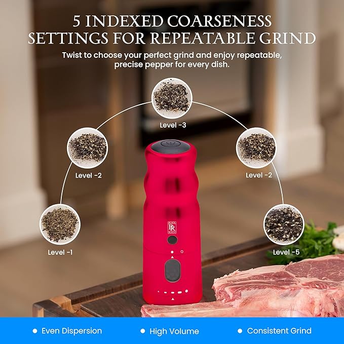 BLACK RAIN Pepper Mill Grinder, Adjustable Coarseness, Rechargeable Pepper Grinder with LED Light, Heavy Duty Professional Grade Electric Peppercorn Grinder (Red)