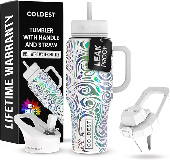 Coldest Tumbler with Handle and Straw, 100% Leak Proof Insulated Tumbler with Lid and Straw (3 Lids), Stainless Steel Tumblers for Women & Men, Cup Holder Friendly, 36 oz (Snowstorm Spiral)