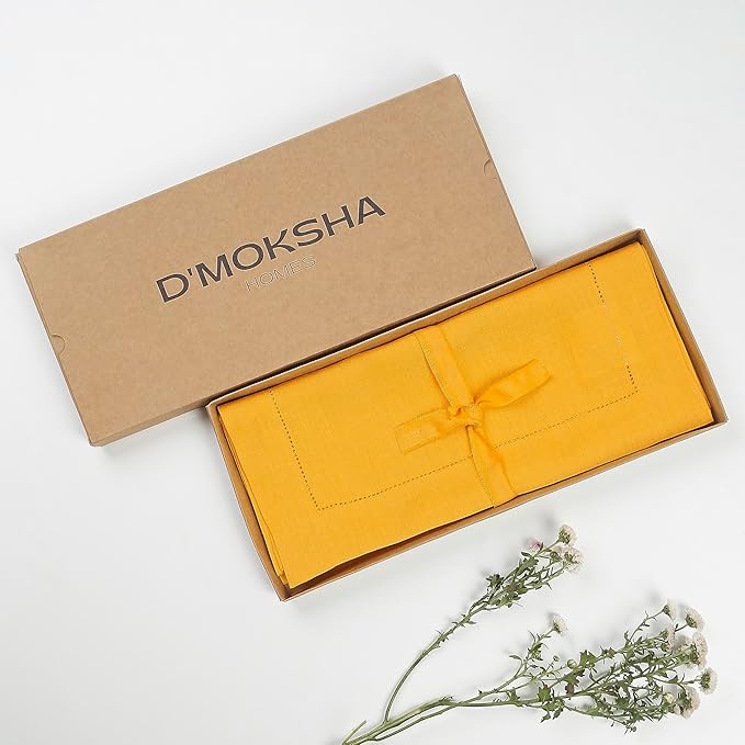 D'Moksha Homes Linen Sunflower Yellow Table Runner 60 Inches - Classic Hemstitch, 100% Pure Linen Coffee Table Runner 14 x 60 Inch Ideal for Dresser Tables - Summer, Fall and Halloween