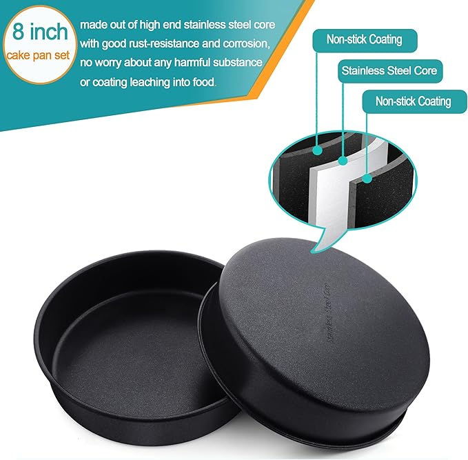 LIANYU 8 x 2 Inch Round Cake Pan Set of 3, Stainless Steel Black Nonstick Cakes Pans for Birthday Baking Wedding, Come with 90 Pieces Parchment Paper & Side Liner Roll, Dishwasher Safe