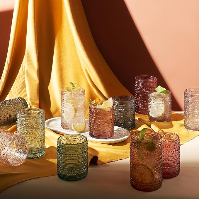Khen Hobnail Beaded Highball Drinking Tumbler Glasses | Set of 12 | Color, Vintage Bubble Design Whiskey Glassware, Old-Fashioned, Embossed Design for Water, Wine, Cocktail Embossed, Rocks Glass
