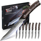 Steak Knives Set of 8, 4.8 Inch High-Carbon Japanese Stainless Steel Non-serrated Steak Knife with Wood Handle, Damascus Pattern Full Tang Design, Razor-Sharp Dinner Knives with Gift Box