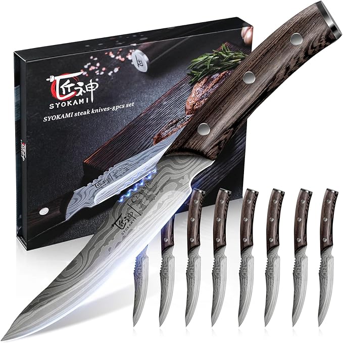 Steak Knives Set of 8, 4.8 Inch High-Carbon Japanese Stainless Steel Non-serrated Steak Knife with Wood Handle, Damascus Pattern Full Tang Design, Razor-Sharp Dinner Knives with Gift Box