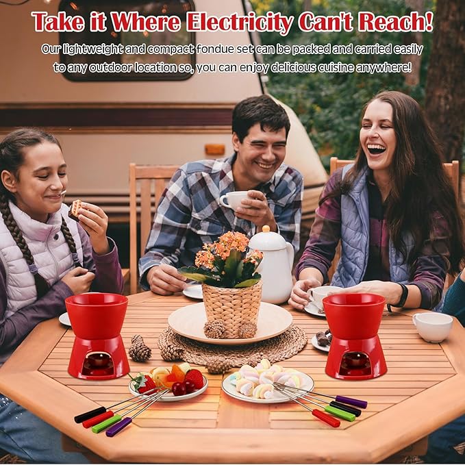 Mudder 6 Pieces Fondue Mug Ceramic Pot and 24 Pieces Forks Set for Melting Chocolate, Cheese, Broth or Tapas on Christmas Gift Valentine's Day(Red)